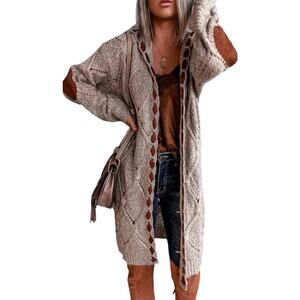 POL Hooded Chunky Cable Knit Cardigan Medium Long Sweater Duster Elbow Patch